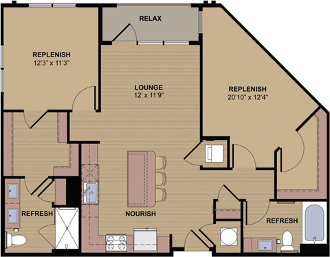 Floor plan for 2 beds, 2 baths, 1073 sqft